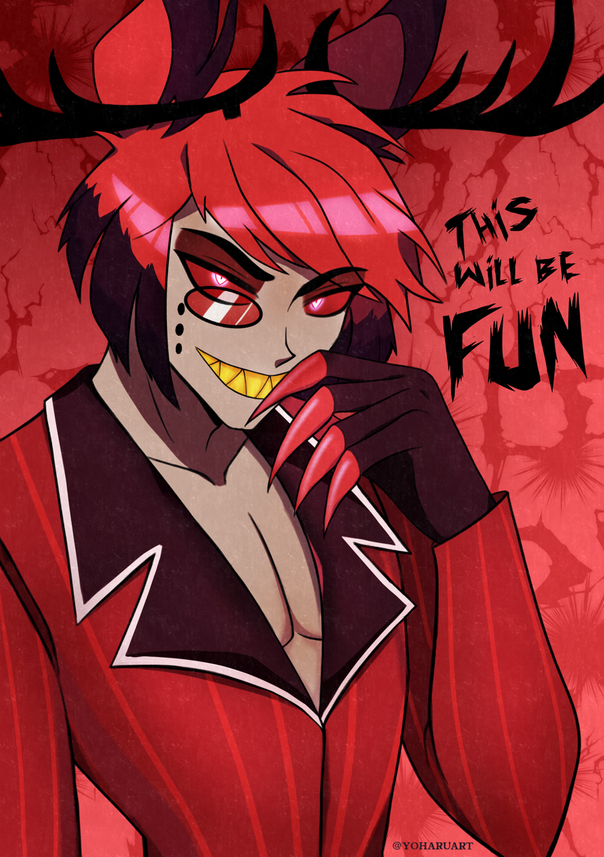 Animated character with red hair and outfit, claws and with text 'This will be fun' on a red background.