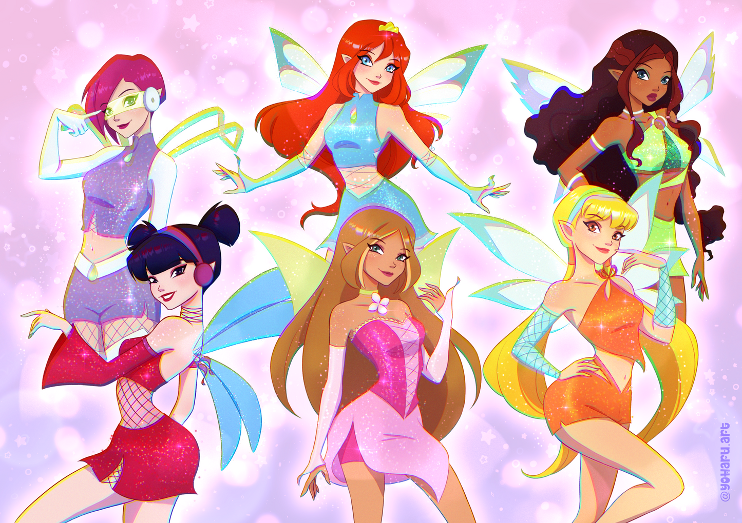 Five animated fairy characters with colorful outfits on a pink background