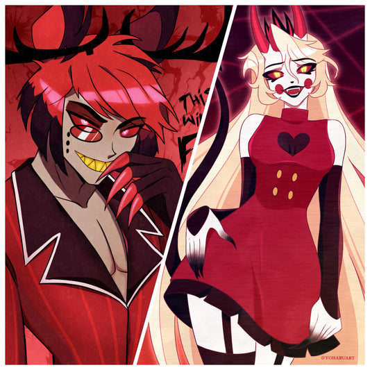 Two animated characters, one with red hair and the other in a maid outfit, on a red background.