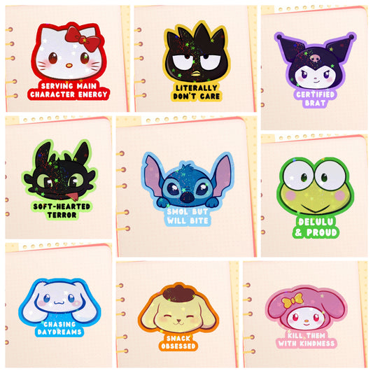 Set of cartoon character stickers on a beige background